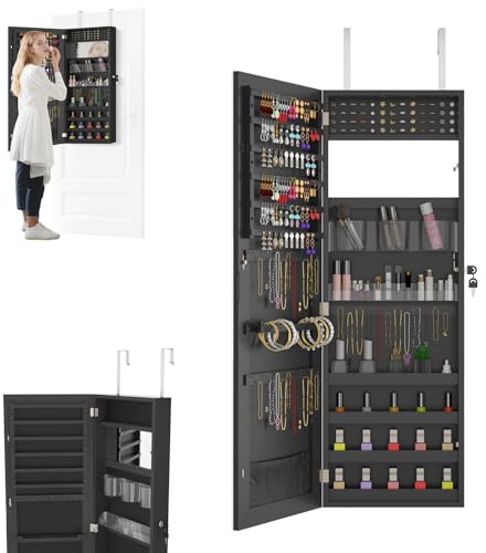 LZQ Smyckesskåp med spegel, hängande spegelskåp, låsbart väggsmyckesskåp, 2-i-1, smyckesförvaring, dörrspegel, väggspegel, smyckesorganisatör, 107,5 x 36,5 x 9,5 cm, svart