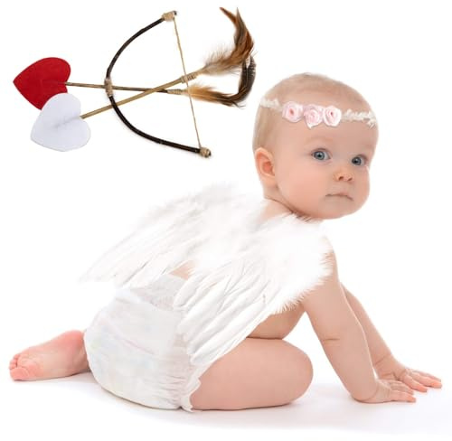 NIYANGLE Alas de ángel para bebé, 5 unidades, accesorios para sesión de fotos de recién nacido, ala de pluma de ángel blanco, con flechas de cabeza, arco, juego de disfraz de Cupido para bebé, 0-18