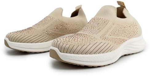 JOMIX Scarpe Slip On Donna Comode Sneakers in Maglia Traspirante con Strass Leggere Senza Lacci Suola Alta Ammortizzata Antiscivolo per Camminare e Lavoro WLO260143 Beige 36