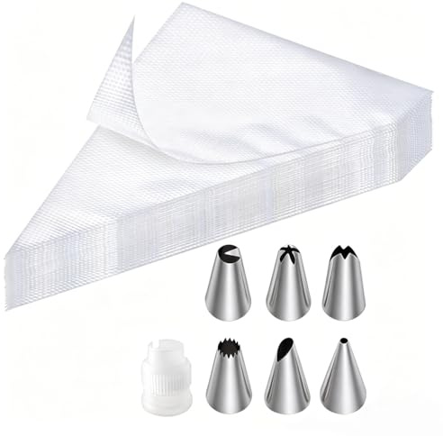 107 stycken spritspåsar, set, 100 spritspåsar med 6 spritstyllar i rostfritt stål och adaptrar, professionella baktillbehör för cupcake-dekoration, slitstark piping bag för grädde, kex och