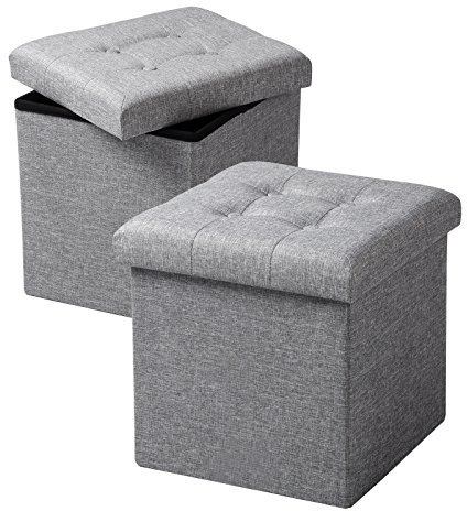 WOLTU 2er Set Sitzhocker mit Stauraum Sitzwürfel Sitzbank Faltbar Truhen Aufbewahrungsbox, Deckel Abnehmbar, Gepolsterte Sitzfläche aus Leinen, 37,5x37,5x38CM(LxBxH), Hellgrau