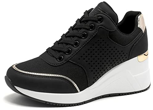 Black Heeled Wedge Trainers for Women - Ladies Casual Sneakers Lace Up Platform Walking Shoes W145-RT-EU-BLACKGOLD-6.5