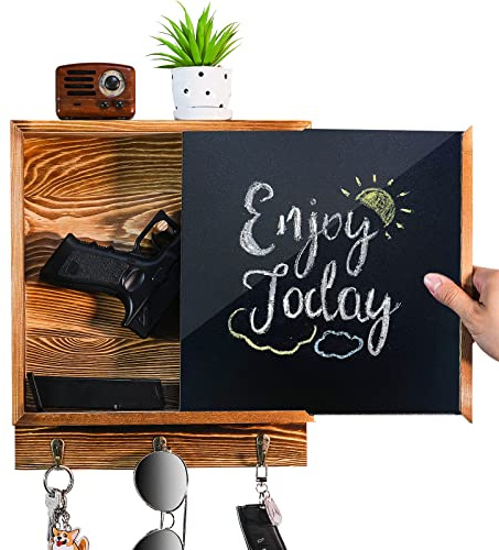 MOCAS Hidden Gun Storage, Hidden Wall Gun Safe Pistol Rack Shelf with 3 Hooks for Secret Decor Concealment Furniture, Art Storage Cabinet Wooden Storage Shelves Indoor Picture Frame