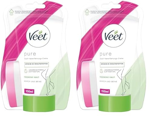 Veet Pure Dusch-Haarentfernungscreme für Körper, Arme & Beine - Enthaarungscreme für die Dusche, für trockene Haut - 150 ml inkl. Schwamm (Packung mit 2)