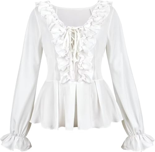Josamogre Womens Renaissance Tops Medieval Long Sleeve Off The Shoulder Pirate Shirt Gothic Peasant Blouse Smocked Boho White 3XL
