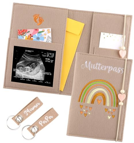 Mutterpass Schutzhülle, Mutterpasshülle aus Filz mit Zwei Schlüsselanhängern, Beige Hülle Mutterpass für Deutschen, mit Fächer für Ultraschallbild, Impfpass, Versichertenkarte