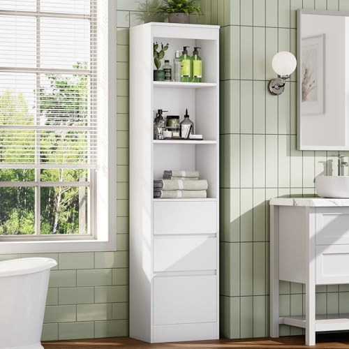 FORABAMB Mueble de Baño, Columna de Baño con 3 Cajones y 3 Compartimentos Abiertos, Armario de Almacenamiento con Estantería Ajustable para Aseo, Salón, Cocina, 180x40x30 cm, Blanco