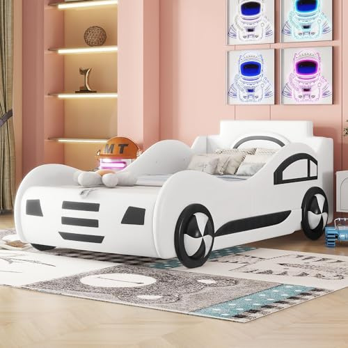 Lexiou 90 x 200 cm Piano Letto con Rete a Doghe, Modello Auto con Vano Portaoggetti Sotto (Bianco) - Senza Materasso
