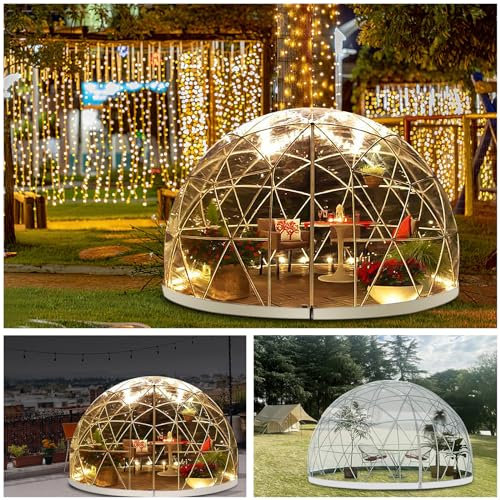 3.6 x 2.2m Gewächshaus Gartenkuppel Iglu, PVC Blasenzelt für 4-8 Per, Gartenblasenzelt mit 2x10m Lichterketten, Durchsichtiges Kuppelzelt für Hinterhof, Weihnachten, Party
