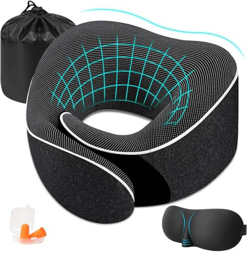 Nackenkissen Flugzeug, Reisekissen Memory Foam, Ergonomisch Gestaltetes Nackenhörnchen Erwachsene, Reise Nackenkissen mit 3D Schlafmaske Ohrstöpsel Netztasche Ideal für Reisen, Flugzeug, Auto, Zug (B)