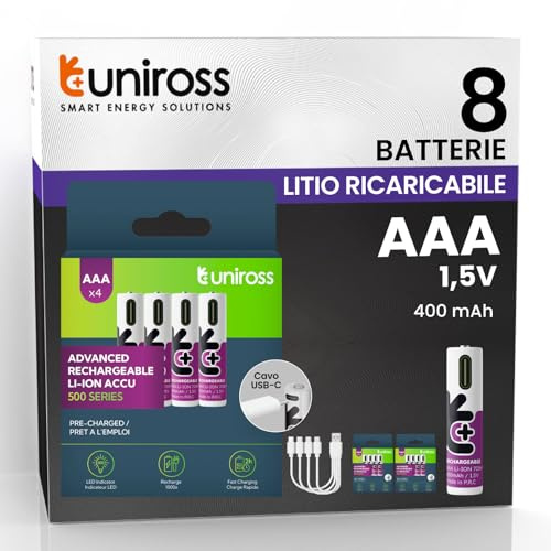 Mini AAA Rechargeable Batteries USB-C Cable 1.5 V 400 mAh HR3 Uniross Lithium Battery for Keyboards Mouse Wireless Remote Controls and Radio Controlled Toys Long Life – 8 Batteries