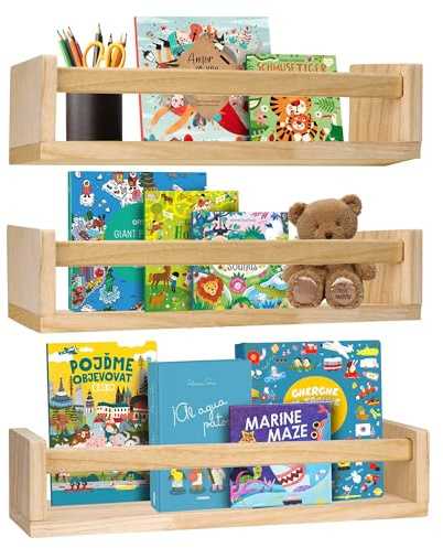 Aramanara 16.5 in Nursery Book Shelves Set of 3, Solid Wood Floating Bookshelves for Wall, 42 cm Wall Mounted Shelves for Bedroom Bathroom Kitchen Playroom