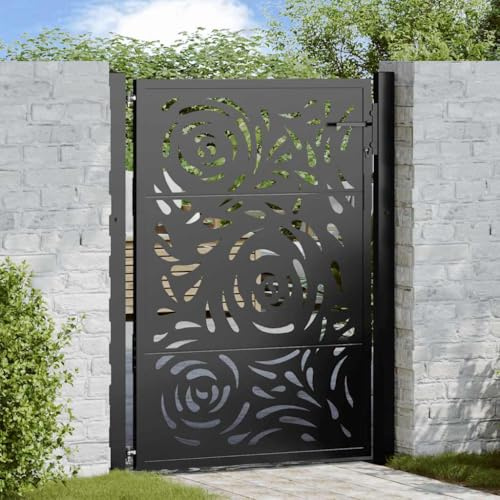 Gecheer Cancello da Giardino, Design a Fiamma Tagliato al Laser, 110x130 cm, Acciaio corten, Nero, per Ingresso Giardino Patio vialetto