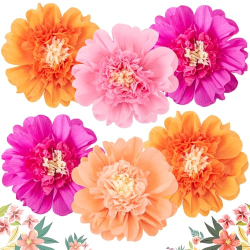 SUNBEAUTY 6PCS Hot Pink and Orange Paper Flowers 12 Inch Large Tissue Paper Flowers Decorations for Wall Giant Crepe Paper Flowers for Girl Women Birthday Office Classroom Bridal Wedding Backdrop