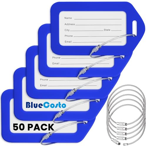 BlueCosto - Luggage Tags - Blue, 50 Pack - Suitcase Tags with Name ID Card & Heavy-Duty Metal Wire Loops - Bright Coloured PVC Identifiers for Travel Baggage - Backpack Name Labels