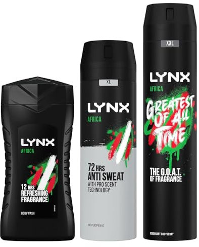 Lynx Africa 3 Pack Bundle of 200ml Anti-Perspirant Aerosol, 250ml XXL Body Spray & 50ml Shower Gel Classic Masculine Scent for 48 hours of Long Lasting Freshness