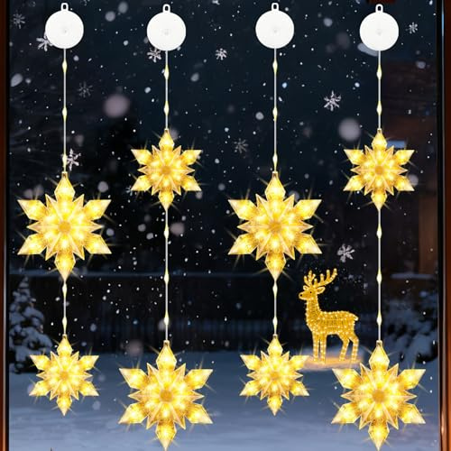 VEEKAY Set med 4 LED-julbelysning, julljus, 8 x LED snöflingor julelement + varmvit ljusgardin med sugkoppar, timer, batteridriven, för juldekoration