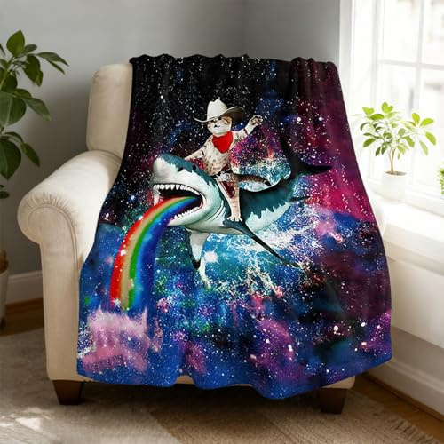 Cat Riding Shark Fleece Throw Blanket 60 x 80 inches for Couch Sofa Bed,Super Soft Cozy Plush Microfiber Flannel Blanket Lightweight for Women, Men and Kids