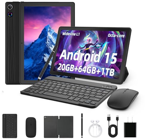 Gleeso Tablet, Latest Android 15 Tablet 10 Inch, 8-Core, 20GB+64GB+1TB TF, Dual Camera, Widevine L1, Face ID, 5000mAh Battery, WiFi 6, BT 5.4, 2-in-1 Tablets with Keyboard Mouse Pen Protective Case