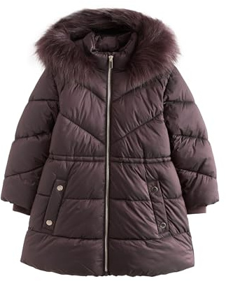 NEXT Ragazza Cappotto imbottito e impermeabile con bordi in pelliccia sintetica Marrone Cioccolato 9 Anni