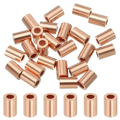 QUARKZMAN 1/16(1.5mm) Manguito De Parada para Cable De Acero, Bucles De Cobre para Crimpar Manguitos Ferrules Redondos para Cable De Acero Y Ferrules, Dorado 25Pcs