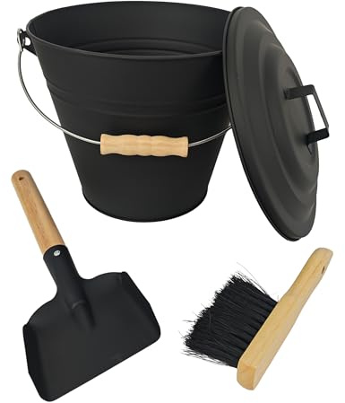 Relaxdays Secchio per Cenere con Coperchio, 10 l, Scopa e Paletta per Camino, con Manico, Nero/Naturale