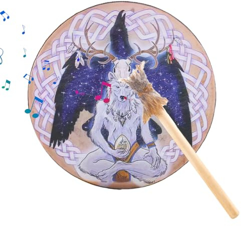 Shaman trummor för vuxna – Shaman handtrummor, shamaniska trummor | 9 ljudläkare Shamaan trumma | handtrumma med varghuvud design för andlig musik, reflektionsmeditation