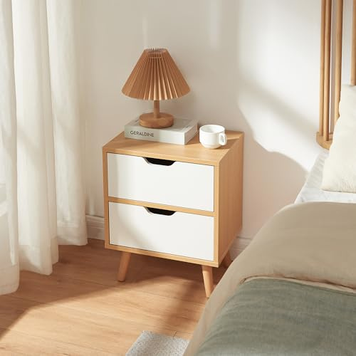 [en.casa] Mesita de Noche Bordkak con 2 Cajones Mesa Auxiliar Multifuncional Mesa de Sofá Diseño Moderno Aglomerado Patas de Madera 50 x 40 x 30 cm - Roble/Blanco