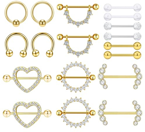 DAVBNM 9 Pairs Nipple Piercing Jewellery, 14G Nipple Bars, Bar Piercing Tongue Bar Nipple Bar, Surgical Steel Nipple Jewellery Body Piercing for Women（Gold）