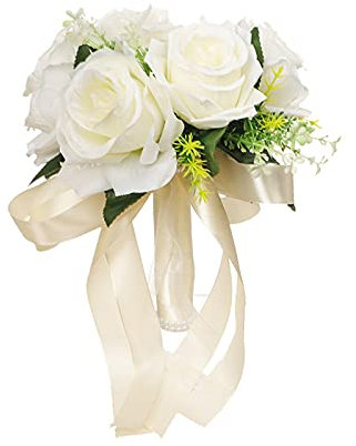 9 Inches Bridal Wedding Bouquet Bride Bouquets Flowers Ribbon Artificial Rose Bridal Holding Flowers Bouquets White Purple for Wedding Party
