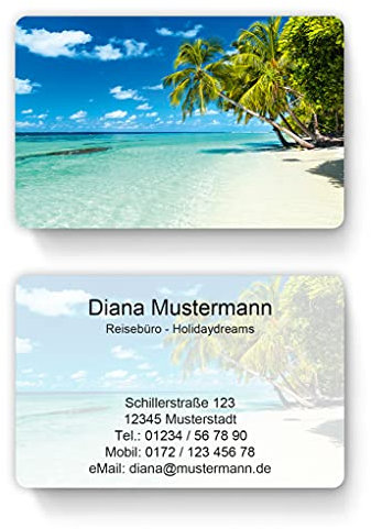 100 Visitenkarten, laminiert, 85 x 55 mm, inkl. Kartenspender - Urlaub Strand Meer