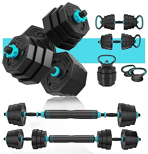 ARUNDO Weights Dumbbells Set 20KG, Adjustable 4-in-1 Free Weight Barbell for Men Women, Non Rolling Home Gym Bodybuilding Fitness Weightlifting Dumbbells Weights Training (Blue 20KG Kettle)