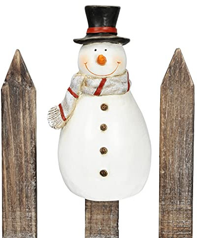 winterlicher dekorativer Zaunhocker Schneemann mit Schal und schwarzem Zylinder aus Polyresin