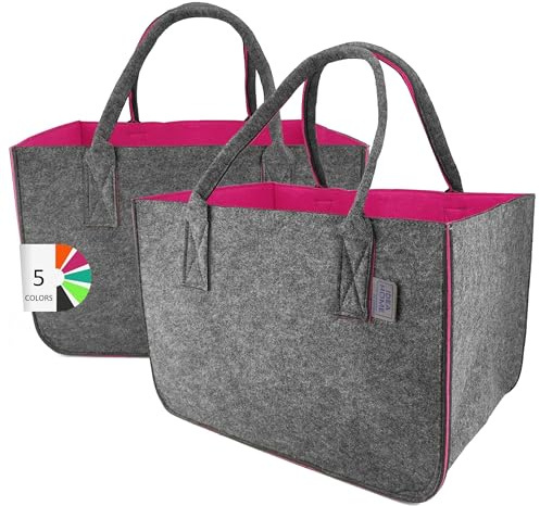 LEVIATAN Sac en Feutre Shopper 2 pièces Grand - 30 litres Sac de Courses XXL Pliable Panier à Bois de Cheminée Sac à Jouets, Gris Foncé/ Framboise, XL