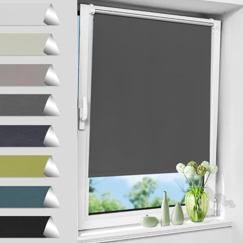 Allesin Store Enrouleur Occultant Thermique sans Perçage, Rideau Opaque Isolant, Montage Simple pour Fenêtre ou Porte, 65l x 120L cm, Largeur du Tissu 65 cm, Gris Foncé