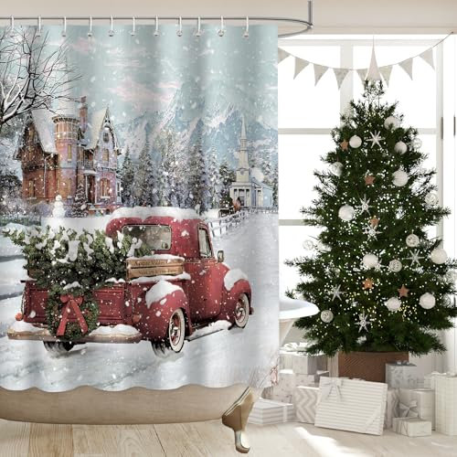 APROPHIC Tenda Doccia Natalizia per Bagno, Camion Rosso, Albero di Natale, Fattoria, Pupazzo di Neve Rustico, Vintage, Arredamento Bagno, Tessuto Impermeabile, 182 x 182cm