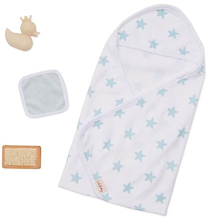 LullaBaby – Kapuzenhandtuch für 36 cm Baby Puppen – Handtuch mit Kapuze und blauen Sternchen – Badeente, Waschlappen, Bürste – Baby Puppenzubehör – Spielzeug für Kinder ab 2 Jahren – Blaue Sterne