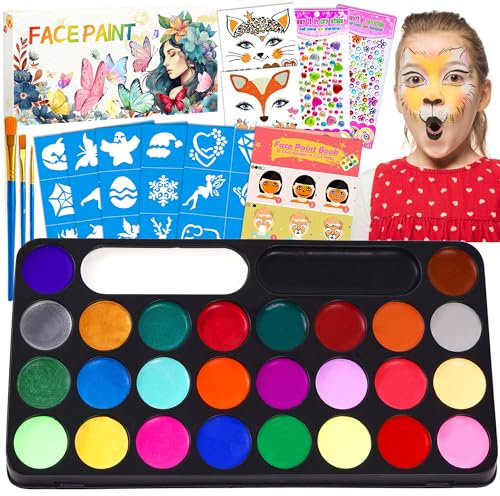 Lubibi Kinderschminke Set,28 Farben Kinderschminken Set,Face Paint Body Paint für Kinder und Erwachsene mit Pinsel,Schablonen,Strasssteine,für Halloween Karneval Make-up Fasching Geburtstag Party
