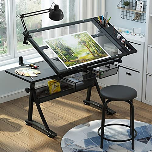 Table à dessin réglable en hauteur avec tabouret – Station de travail parfaite pour les artistes – Plateau en verre trempé, 2 tiroirs – Bureau inclinable