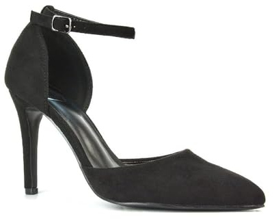 Women's Stiletto D'Orsay Point Toe Court Shoes Ladies Black Faux Suede Ankle Strap Party Classic Heel Pumps Size 4