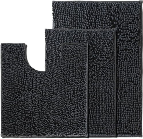 COMPOLICY PLACEROOM Bathroom Mat Set of 3, Bath and Toilet Mat Set,Ultra Soft Chenille Bath Mat Non Slip,Bath Mat Sets 3 Piece Washable,Super-Absorbent Bath(Dark Grey bath set)