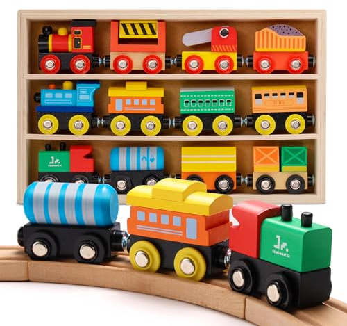 SainSmart Jr. Wooden Train Set 12 PCS - Train Toys with Storage Box, Magnetic Toy Trains Compatible with All Major Brands, Gift for Toddlers, Boys and Girls Aged 3+