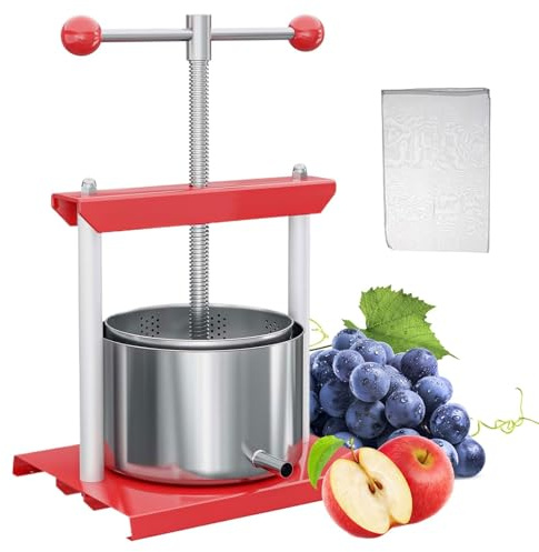Trituradora de queso, hierbas y frutas, prensa manual de 2 l, 3 l y 6 l con bolsa de filtro, exprimidor de verduras, trituradora de manzana y uva, mango en T y barriles de acero inoxidable(6L)