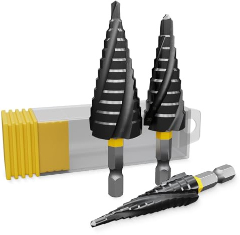 Premium 3PCS M35 Four Spiral Flute Step Drill Bit Set-One-piece design(3-13mm),Split-design(6-20mm,5-22mm) High-Speed Spiral Groove Design for Sheet Metal, Aluminium&Wood Ideal for DIY Enthusiasts ﻿﻿
