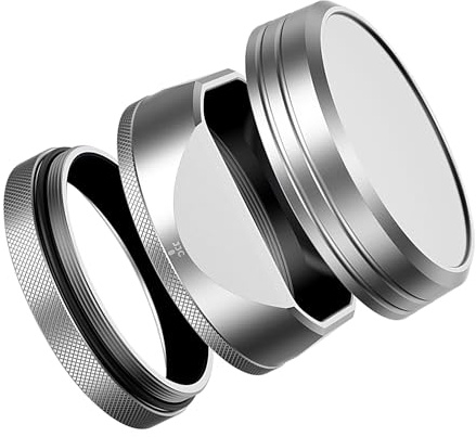 JJC Paraluce quadrato classico in metallo con anello adattatore da 49 mm + cappuccio per fotocamera Fujifilm X100VI Fuji X100V – supporto filtro 49 mm – argento