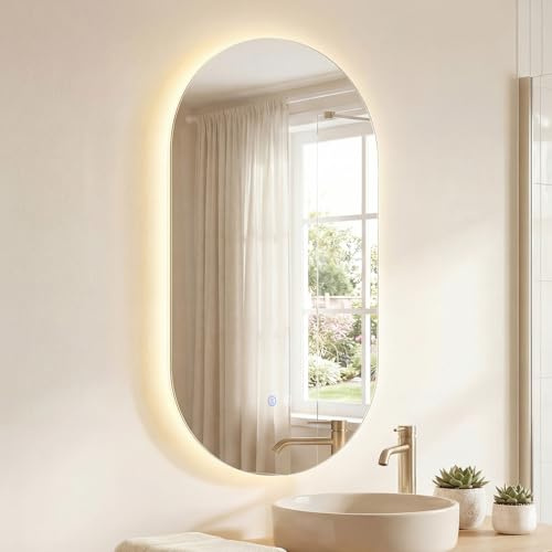COSTWAY Miroir Salle de Bain avec Eclairage, Miroir Mural Ovale Antibuée sans Cadre, 3 Couleurs de Lumière, Luminosité Réglable, Fonction Mémoire, Montage Verticale/Horizontale (80 x 50 cm,Style 4)