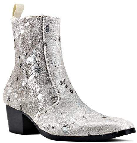 OSSTONE Men Chelsea Ankle Boots Leather Pony Hair Leopard Boot with Side Zipper Heel Boots JY012-B Silver US9