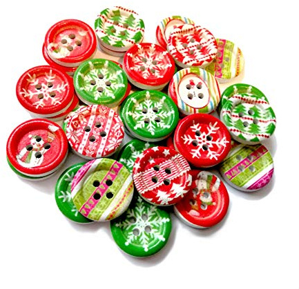18mm Wooden Christmas Buttons - Snowflake/Tree Xmas Patterns (Pack of 25) Beautiful Festive Designs Include: Trees, Snowflakes, Snowmen and Xmas Patterns in Lots of Reds, Greens and White Colours.