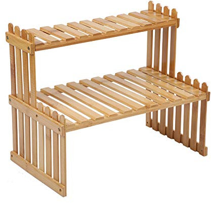 GURECOD 2 Couches d'étagères de Plantes en Bambou, Support de Plantes de Table, Support de Table réglable, Échelle de Bureau, Décoration, Rack de Table, étagères de Cuisine