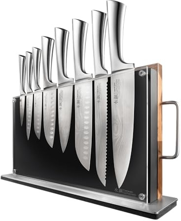 Cuisine::pro Damashiro Knife Block (Bodo, 10 Piece Set) - Premium Japanese Steel Knife Set With Transparent Display - Built-in Magnetic Acacia Wood Chopping Board